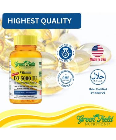 Greenfield Nutritions Halal Vitamin D - Halal Vitamin D3 5000 IU Softgel (125 mcg) High Potency 120 Unflavored Softgels - Beef Gelatin D3 Halal Vitamins Supports Immune Bone Teath Brain and Hair - Buy Online on GoSupps.com