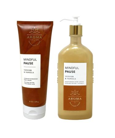 Bath and Body Work Aroma Mindful Pause VETIVER & VANILLA Body Cream and Body Lotion Set - Full Size Brown