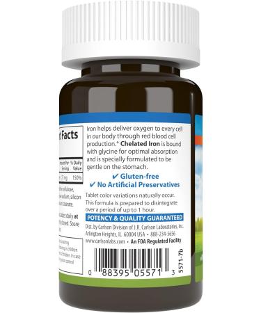 Carlson - Chelated Iron 27 mg Superior Absorption Blood Health Energy Utilization & Optimal Wellness 100 Tablets - Buy Online on GoSupps.com