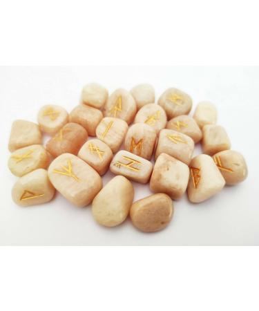 Sharvgun Peach Moonstone Rune Set 25 pi ces avec tableau en bois MDF runique grav lettrage symbolique pa en velours noir/rouge pochette incluse bo te cadeau