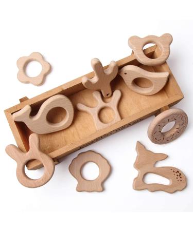 Organic Wooden Teether Toy Set - Safe Animal Pendant Design | Bulk Pack with Bunny, Whale, Bird, Bear, Crown, Shell, Flower, Cactus, Doughnut, Deer - Buy Online on GoSupps.com