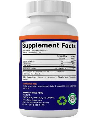 Vitamatic Apple Pectin 700mg - 120 Vegetarian Capsules | Dietary Fiber Supplement for Healthy Intestinal Health - Buy Online on GoSupps.com