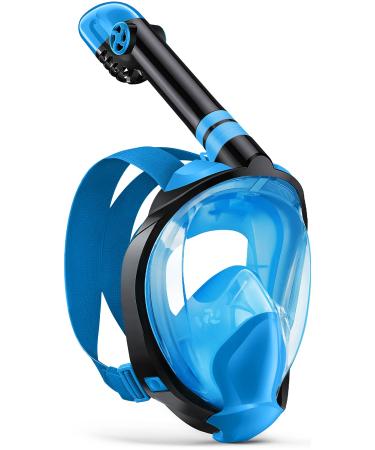 Full Face Snorkel Mask, Snorkeling Gear for Adults Diving Mask Anti Fog Premium Innovative Safety Breathing System, 180 Panoramic Foldable Anti Leak Swimming Mask with Detachable Camera Mount Blue S/M
