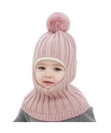 Baby Balaclava Kids Winter Warm Hat Scarf Warm Knitted Hood Hat with Double Pom Pom Design Beanie Caps for Baby Girls Boys Cute Small Bear Winter Hat C-Pink One Size