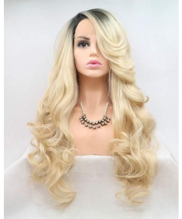 Blonde Ombre Lace Front Wig with Dark Roots - Long 66cm Corrugated Synthetic Hair | 180% Density for Cosplay Festivals Weddings | Ideal for Women & Girls - Buy Online on GoSupps.com