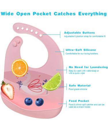 Vicloon Silicone Baby Bib 2PCS - Waterproof Adjustable Bibs for Infant Toddler with Food Catcher Pocket - Owl & Swan Pink-Purple - Buy Online on GoSupps.com
