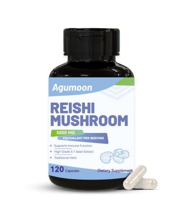 Agumoon Reishi Mushroom Capsules 5000mg Vegan Gluten Free Non-GMO 120 Capsules 2 Month Supply