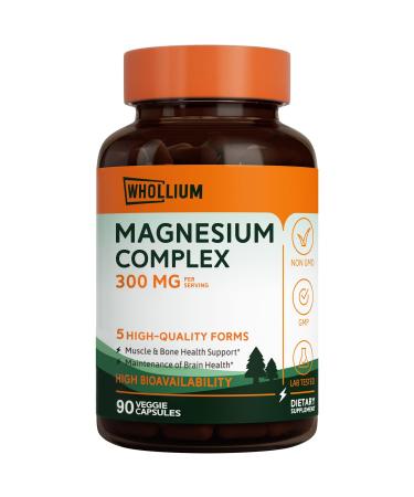 Whollium Magnesium Complex 300 mg Elemental Magnesium 5 in 1 Formula High Absorption Maximum Strength Muscle Relaxation Bone Nerve Cardiovascular Health and Energy Production 90 Vegan Caps