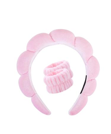 CYJUNMA Spa Headband for Washing Face Makeup Headbands for Women for Skincare Makeup Removal Face Wash Yoga Bubble Sponge Headband Pink Girls Puffy Spa Headband and Wristband Set A-Pink