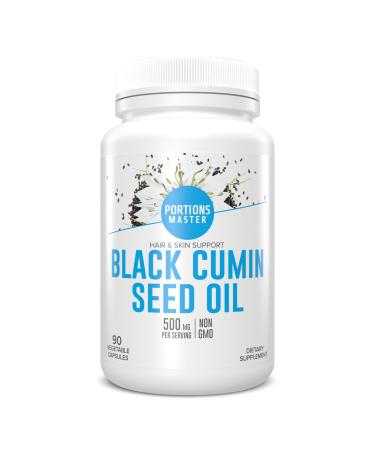 Portions Master Black Cumin Seed Oil 1000mg, Cold-Pressed, Antioxidant-Rich Supplement for Skin, Hair, Immune & Mood Support, Non-GMO, Gluten-Free, Dairy-Free (90 Softgels)