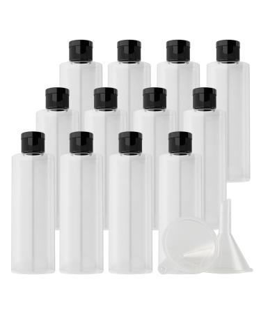 Zeoabsy 12 pieces empty 200ml transparent pet plastic bottle with black hinged lid flat shoulder portable bottle for cosmetic fluids oil travel transparent 200ml