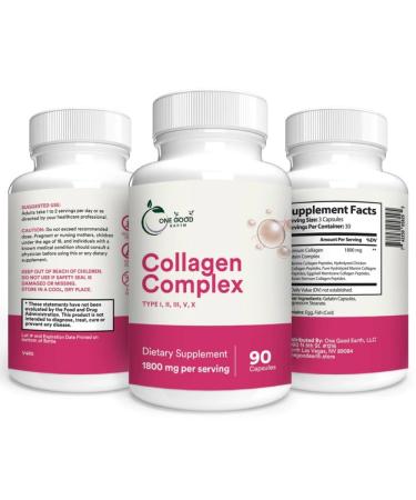 One Good Earth Collagen Complex Bovine Peptides Type I II III V X (90 Count) 1800mg with Vitamin C Zinc Copper and Magnese.