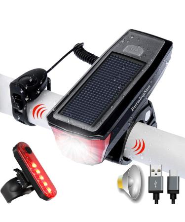 BURNINGSUN Bike Light Set and Horn Solar Powered USB Rechargeable 4 Mode Bicycle Headlight Taillight Combinations Front Back Light & Bell for Cycling Riding Safety Warning Rear Tail Light LED Speaker