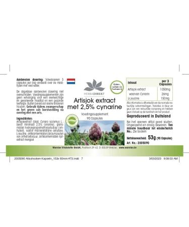 Herbadirekt Artichoke Extract 2.5% Cynarin 90 Capsules - Vegan | Warnke Vitalstoffe - Buy Online on GoSupps.com