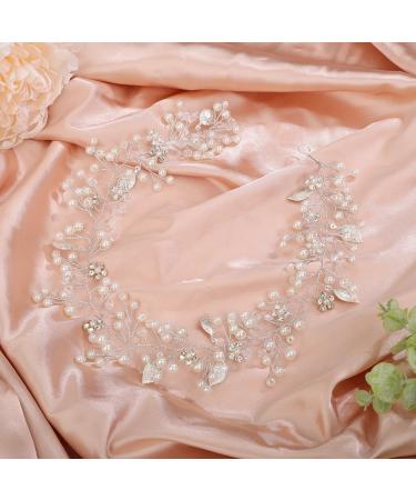BERYUAN Women Silver Leaf Crystal Flowers Pearls Hair Vine Pearls Crystal Rhinestone Headband Silver Bride Hair Piece Pearls Wedding Hair Accessories for Brides Bridesmaid