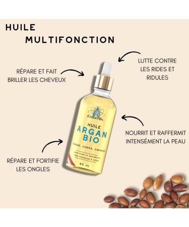 ESSENTIOIL Organic Argan Oil - 100% Natural - Nourishes dry skin Prevents skin aging. Restores shine to hair Strengthens eyelashes - 50mL glass bottle - French brand - Buy Online on GoSupps.com