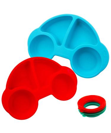 Silicone Divided Toddler Plates - Portable Non Slip Suction Plates for Children Babies and Kids BPA Free FDA Approved Baby Dinner Plate with Spoon Fork (New Car Blue/Red) Blue red