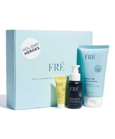 FRE Holiday Skin Care Gift Box Set with Purify Me Recover Me & C Me Mini - Gentle Hydrating Facial Cleanser Restorative Night Cream & Vitamin C Brightening Serum for Fine Lines & Wrinkles