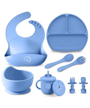 Home-Ed Baby Weaning Set 9 pcs Baby Food Set with Suction Bowl Plates & Baby Spoon Adjustable Bibs First Meal Cutlery Set for Newborn Baby Blue