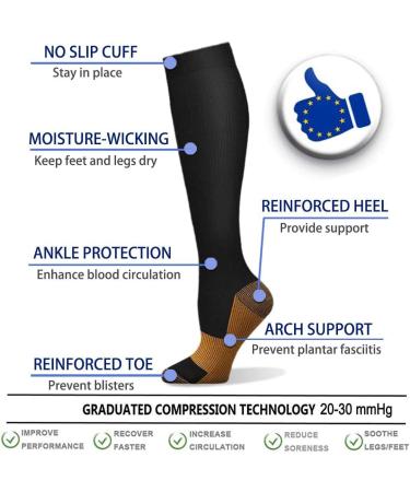 4 Pairs Copper Compression Socks 15-20 mmHg for Men & Women - Medical Graduated Stockings for Sports, Running, Plantar Fasciitis, Nurses, Shin Splints, Diabetic - S-M Black - Buy Online on GoSupps.com