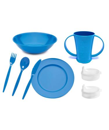 Dementia Tableware Set Blue Polycarbonate Plate Bowl Cutlery and 2 Handled Beaker Reusable