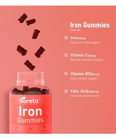 Goreta Iron Gummies for Women & Men Gentle Iron Bisglycinate 25mg with Vitamin C B12 & Folic Acid Pectin-Based Cherry Flavor 60 Count (30 Servings) - Buy Online on GoSupps.com