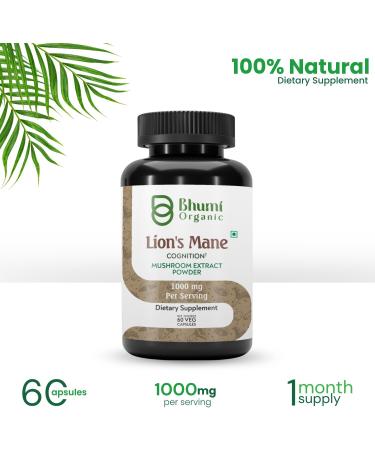 Bhumi Organic Lions Mane Mushroom Cognition (60 Capsules) Lions Mane Mushroom Powder Extract Capsules | Brain Supplement Brain Vitamins Focus Supplement - Buy Online on GoSupps.com