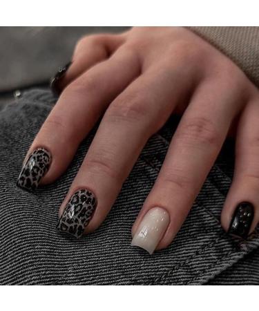 Medium Press on Nails Square Black Fake Nails with Leopard Print Design Full Cover Press ons Artificial Acrylic False Stick on Nail for Women Girls Daily Wear Wedding Manicure 24Pcs Black with Leopard Print A01