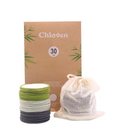 Chloven 30 Pack Reusable Makeup Remover Pads - Bamboo Reusable Cotton Rounds for Toner, Washable Eco-Friendly Pads for All Skin Types with Cotton Laundry Bag Multi-colored