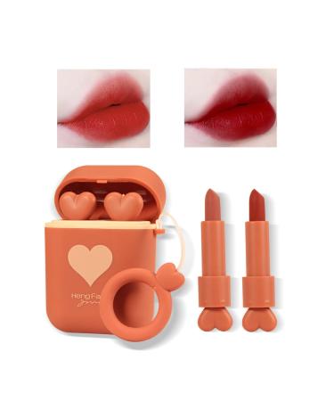 LAMUSELAND Matte Lipstick Makeup Set 2Pc/Set Waterproof Long Lasting Velvet Moisturizing lip stain Earphone Dual-color Lip Gloss Primer Non-stick Cup Lip Make Up Gift Kit for Girls (Red)
