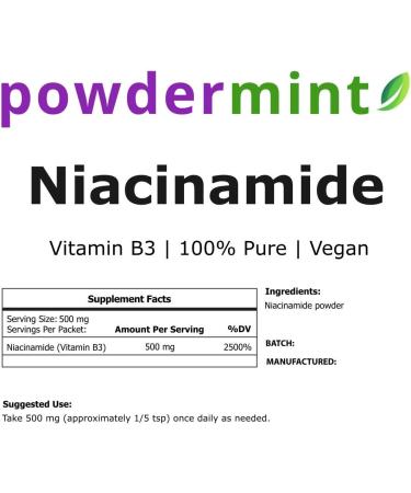 Powdermint Niacinamide Powder 500mg - 100% Pure Vitamin B3 Powder - Flush-Free Formula - 100g (3.53 oz) - Pack of 1 - Buy Online on GoSupps.com