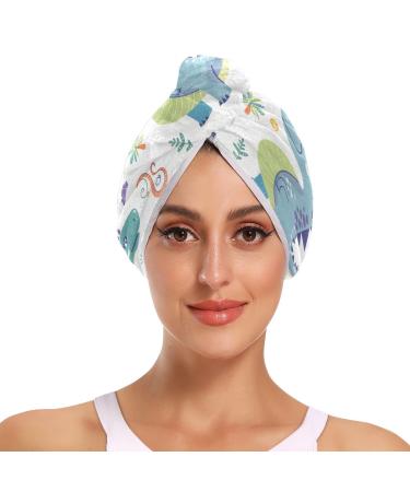 Cute Cartoon Dinosaurs Hair Towel 2 Pack Super Absorbent Hair Drying Towel Quick Dry Hair Turbans Head Towel with Button Twisty Wrap for Women Girls