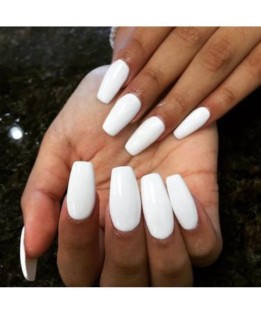 Handcess Shiny White Coffin Artificial Nails - Medium Ballerina Press-On Tips for Women & Girls | Full Coverage Pure Color - Buy Online on GoSupps.com