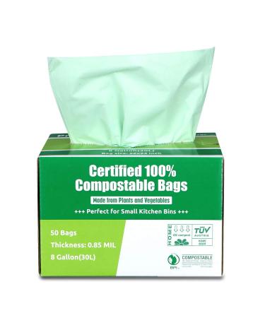 Primode 100% Compostable Bags, 8 Gallon (30L) Food Scraps Yard Waste Bags, 50 Count, Extra Thick 0.85 Mil. ASTM D6400 Compost Bags Small Kitchen Trash Bags, Certified by BPI and TUV