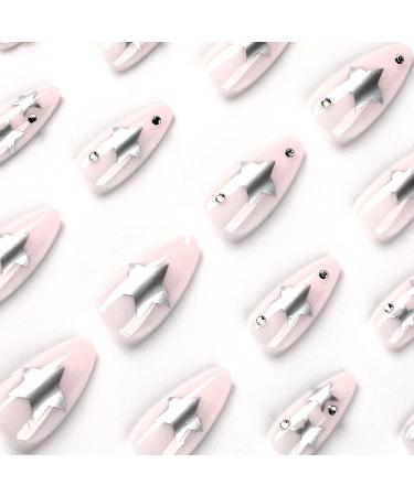 Almond Rhinestone Press on Nails - Medium Silver Stars False Nails with Glossy Nude Acrylic Design (24pcs) - Buy Online on GoSupps.com