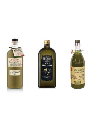 De Cecco Trial Pack Italian Extra Virgin Olive Oil Huile d'olive italienne extra vergine Farchioni Il Casolare - Carapelli Unfiltered - De Cecco 100% Italian (3 x 1 l)
