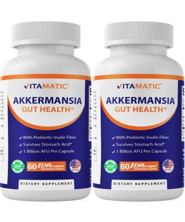 Vitamatic Akkermansia Muciniphila Gut Health - 60 DR Capsules (Delayed Released) - Made with Prebiotic Inulin Fiber - 2 Pack (120 DR Caps)