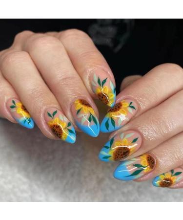24 Pcs Almond Press on Nails Medium Fake Nails Sunflower Flower Stick on Nails Summer Glue on Nails Oval Design Acrylic False Nails for Women Or Girl Manicure 3