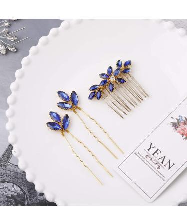 Baroque Bridal Hair Pins Set - Silver Rhinestone Wedding Hair Comb with Something Blue Accent - 3 Pcs - Gold - Buy Online on GoSupps.com