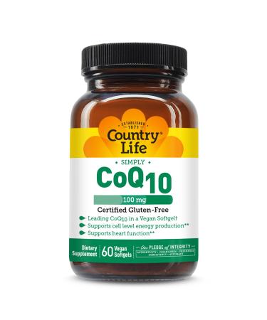 Country Life Simply CoQ10 100mg Heart Function & Cellular Energy Support Supplement Pure Coenzyme Q10 for Antioxidant & Cardiovascular Health Certified Gluten Free & Vegan 60 Softgels Country Life Simply CoQ10 Support