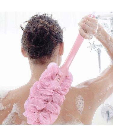 Veewon Long Handle Bath Brush Back Scrubber Shower Body Brushes Sponge Hanging Soft Mesh  Pink