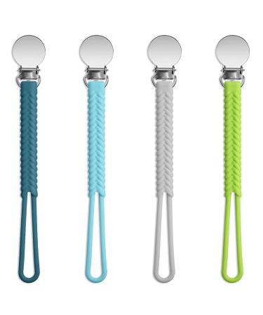 Nuanchu 4 Pieces Silicone Pacifier Clips Teething Ring Pacifier Holder Flexible Baby Pacifier Clip for Baby Teething Toy Boys and Girls Navy Blue  Blue  Gray  Green