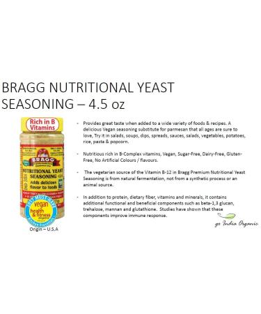 Bragg Nutritional Yeast Flakes â€“ Vegan Gluten-Free Cheese Alternative, High Protein & Vitamins â€“ Non-GMO, 4.5 oz - Buy Online on GoSupps.com
