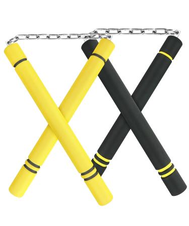 KENSEA Nunchucks Safe Foam Rubber Training Nunchucks with Steel Chain for Kids & Beginners Ninja Family Brother Portfolio (Black + Yellow)