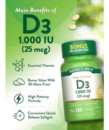 Nature's Truth Vitamin D3 1000 iu 130 Count (Pack of 3) - Buy Online on GoSupps.com