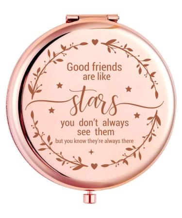 KUKEYIEE Good Friends are Like Stars Travel Makeup Mirror  Rose Gold Engraved Travel Pocket Cosmetic Compact Makeup Mirror Friendship Gifts for Women Friends Sister Coworkers