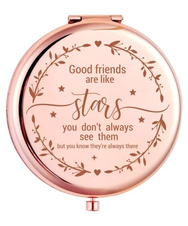 KUKEYIEE Good Friends are Like Stars Travel Makeup Mirror  Rose Gold Engraved Travel Pocket Cosmetic Compact Makeup Mirror Friendship Gifts for Women Friends Sister Coworkers