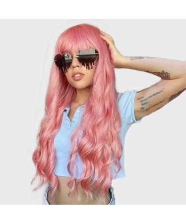 AISI BEAUTY Pink Wig with Bangs Colorful Wig for Women Synthetic Long Wavy Pink Wigs for Halloween Cosplay Party Use 24 Inch 24 Inch (Pack of 1) Pink