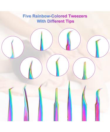 Eyelash Extension Tweezers Kit - Fangze 7 Pcs Rainbow Stainless Steel Set with Case - Buy Online on GoSupps.com