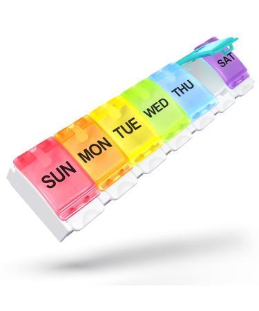Sukuos Large Weekly Pill Organizer 7 Day Daily Pill Box with Easy Push Button Portable Pill Case for Medicine/Vitamin/Fish Oil/Supplements Medication Holder (Rainbow)